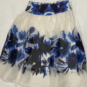 Milly Cream and Blue Floral A-Line Silk Skirt